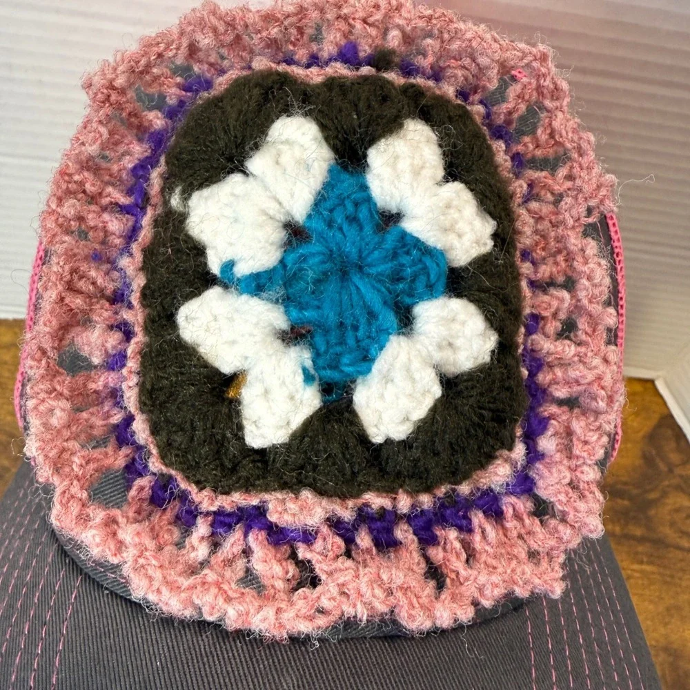 Custom Handmade Crochet Granny Square‎ Upcycled Hat Cap Pink Gray Boho Unique
